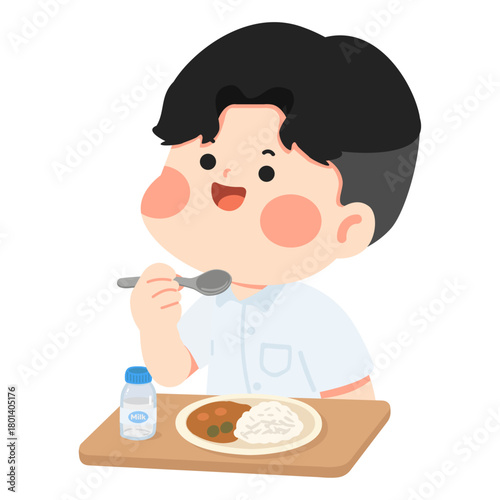 Boy Eating Lunch at School Canteen