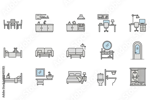Flat House Furniture Icon Set