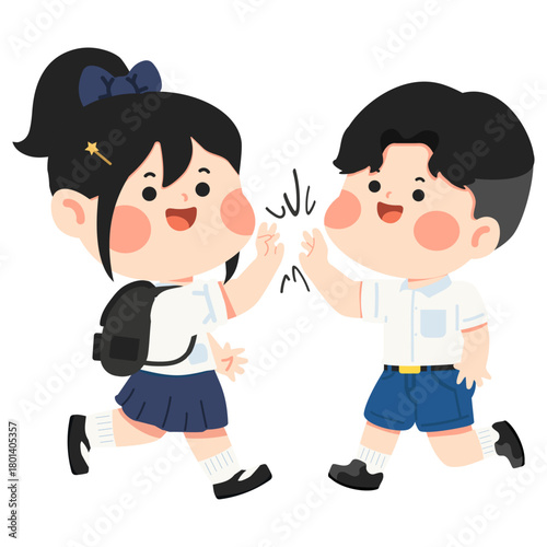 Illustration of School Kids Giving a High Five
