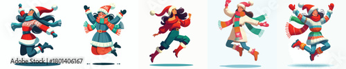 vector of a woman jumping happily welcoming Christmas
