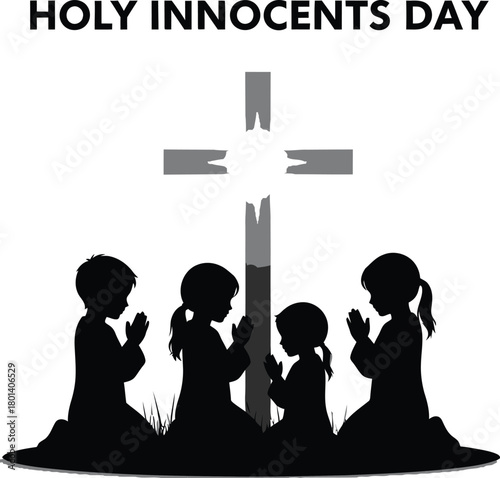 Silhouette of children praying in front of a cross for holy innocents day, isolated on white background