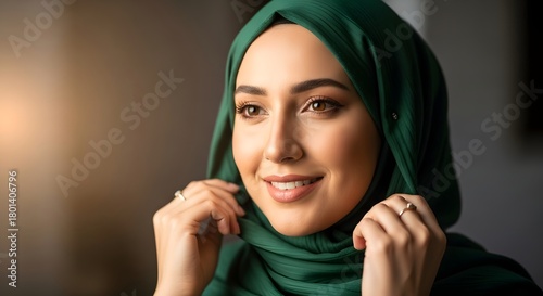 A close-up portrait of a young woman wearing a green hijab with a warm smile, set against a blurred background, showcasing cultural attire and natural beauty