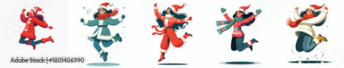 vector of a woman jumping happily welcoming Christmas