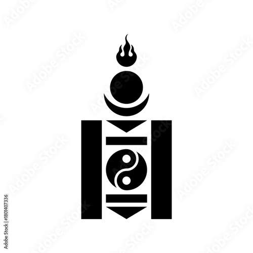 Soyombo icon. Mongolian Soyombo Symbol with Yin Yang. Mongolian National Icon Design. Symbol of Buddhism. Traditional Mongolian Emblem.