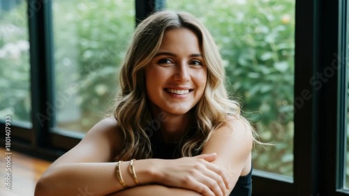 Portrait sequence of a charming adult caucasian woman with blonde hair smiling warmly. A confident and successful young female relaxing indoors with natural light from a large window