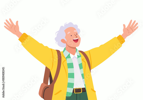 Joyful Elderly Traveler with Backpack Celebrating Outdoor Adventure