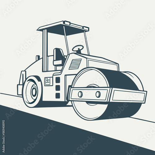 Illustration of a road roller on a road, showcasing its design and functionality in construction, isolated on