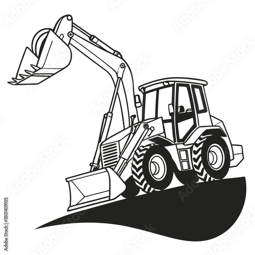 Illustration of a backhoe loader on a hill, showcasing construction equipment and its role in excavation and earthmoving, isolated on