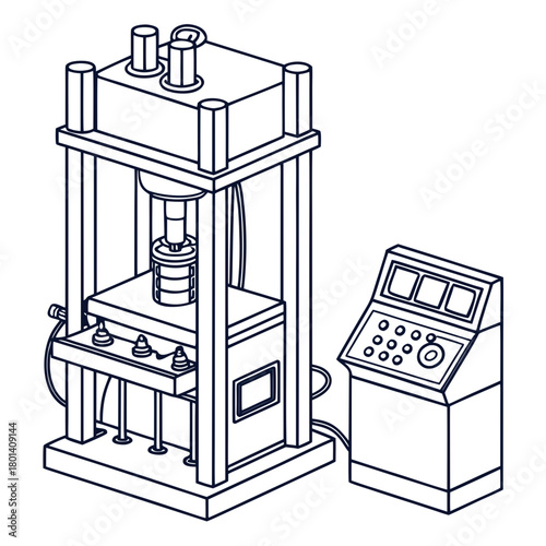 Illustration of a compact hydraulic press with a separate control box, showcasing industrial machinery for precision pressing and forming applications, isolated on