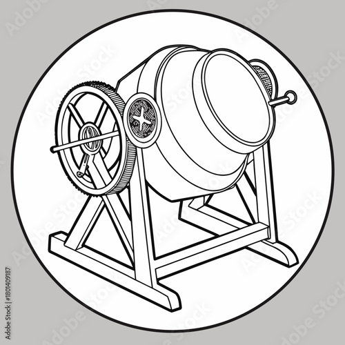 Illustration of a concrete mixer, a machine used to mix cement, sand, and water to create concrete, isolated on construction equipment for building