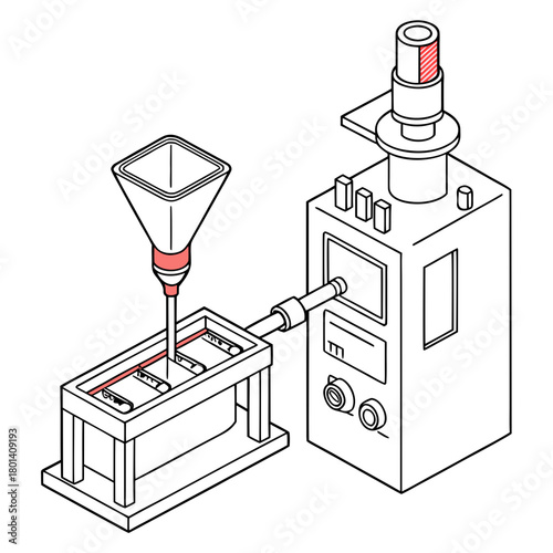 Illustration of a capsule filling machine, a device used in the pharmaceutical industry to fill empty capsules with medication, isolated on red highlights