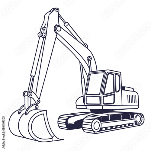 Line drawing of an excavator isolated on the excavator has a bucket and a cab it is used for digging and construction
