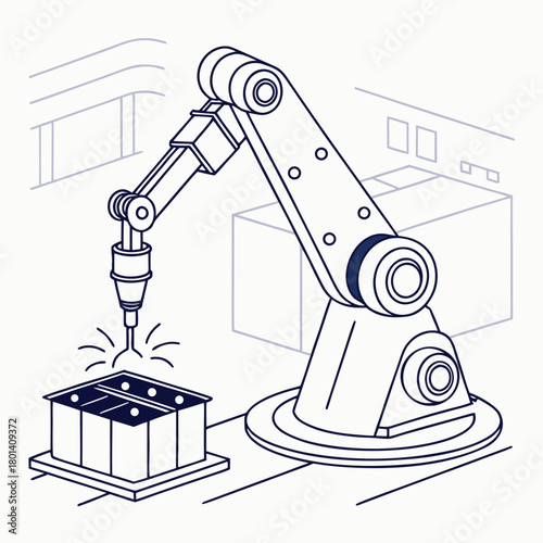 Illustration of a robotic arm performing a task in a factory, showcasing automation and precision, isolated on depicts modern manufacturing