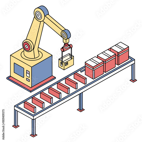 A robotic arm carefully places a box on a conveyor belt, illustrating the precision and efficiency of automated manufacturing and logistics processes