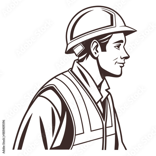 Illustration of a construction worker in a hard hat and safety vest, showcasing professionalism and safety on the job, isolated on