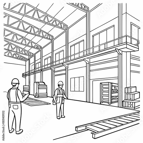 Two workers in hard hats discussing plans inside a large warehouse with high ceilings and a forklift in the background isolated on