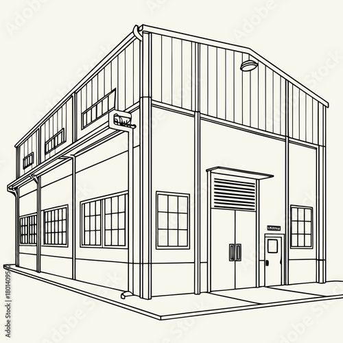 Outline illustration of a large industrial building isolated on perfect for showcasing manufacturing facilities, warehouses, or distribution centers in architectural designs