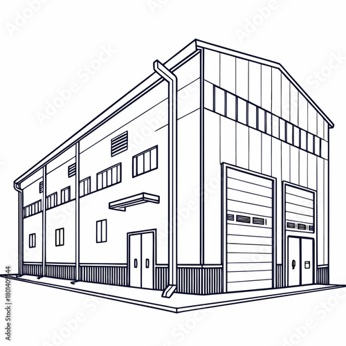 Outline illustration of a large industrial building isolated on perfect for showcasing manufacturing facilities, warehouses, or distribution centers in architectural designs