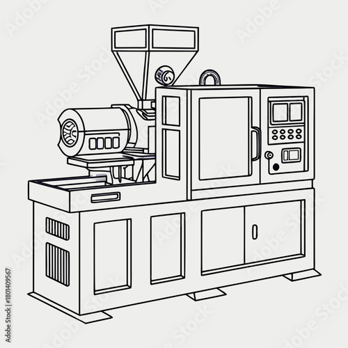 Illustration of an injection molding machine, a manufacturing process for producing parts by injecting molten material into a mold, isolated on
