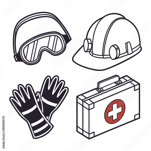 Isometric outline illustration of safety equipment, including a hard hat, goggles, gloves, and a first aid kit isolated on perfect for construction, manufacturing, or emergency response themes
