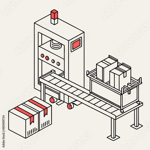 Isometric illustration of a manufacturing process with a machine, conveyor belt, and boxes, representing automation and production isolated on