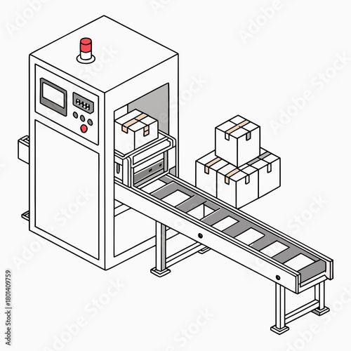 Isometric illustration of a packaging machine with conveyor belt and boxes, representing industrial automation and production line isolated on