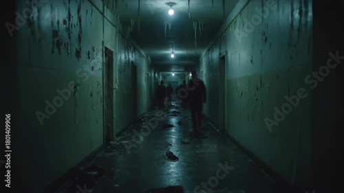 Scary POV of zombie silhouettes in a dark abandoned building. Creepy figures walk through a flickering horror hallway. Paranormal terror concept