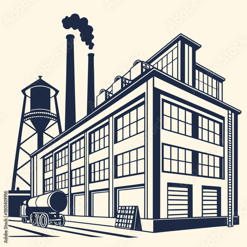 A vintagestyle illustration of a factory building with smokestacks, a water tower, and a tank car, showcasing industrial architecture and a bygone era isolated on