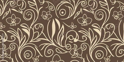 Classic seamless floral pattern featuring elegant orchid flowers and decorative swirling vines on a rich brown background for textile or wallpaper design