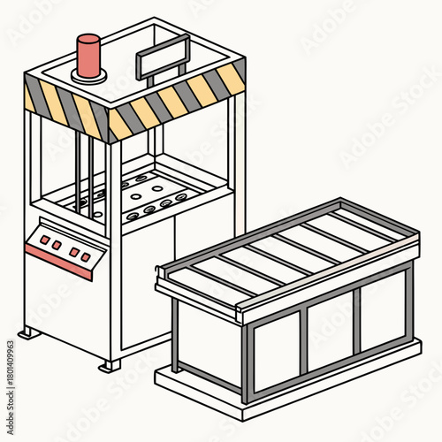 Isometric illustration of a claw machine, also known as a toy crane or arcade crane, standing next to a prize container isolated on