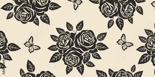 Elegant seamless vector pattern featuring blooming black roses and graceful butterflies, perfect for vintage-inspired textile designs, sophisticated wallpapers, and romantic event invitations