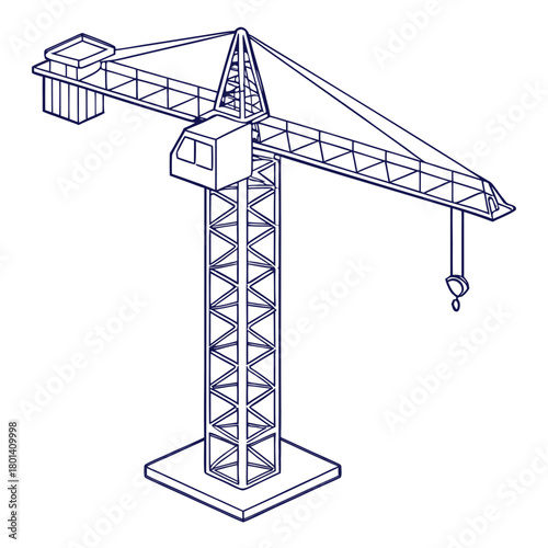 Isometric illustration of a tower crane, a common fixture at any major construction site, used for lifting heavy materials isolated on