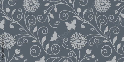 Elegant seamless floral pattern with delicate butterflies and swirling vines in a sophisticated grey palette, perfect for decorative backgrounds and textile designs