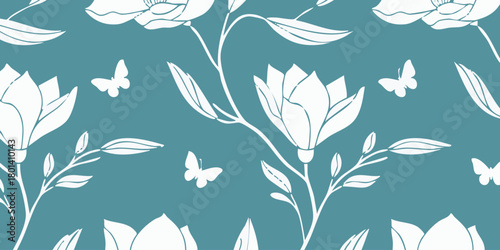 Conceptual seamless pattern with delicate magnolia flowers and graceful butterflies, a tranquil botanical design for modern textiles, wallpapers, and digital backgrounds