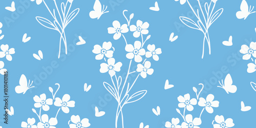 Delicate seamless vector pattern featuring white forget-me-not flowers and graceful butterflies on a serene light blue background, ideal for spring-themed fabrics, wallpapers, and digital art