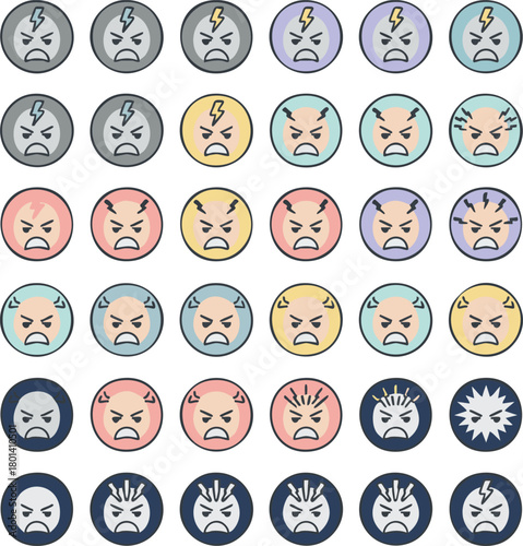 A set of cartoon emotion icons representing various angry and frustrated facial expressions in shades of grey, yellow, pink, and blue