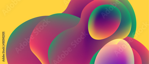 Abstract colorful shapes overlap, creating fluid forms. Gradient hues blend, evoking dynamic energy, smooth transitions. Yellow background enhances vibrancy.