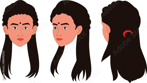 Indian woman Face front back illustration animation ready