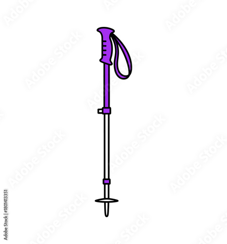 Illustration of a purple trekking pole with a wrist strap and basket.
