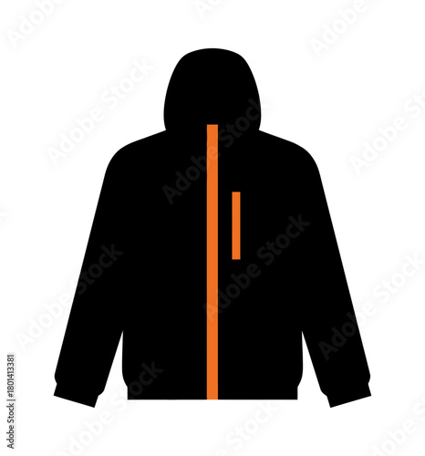 A simple black hooded jacket with a contrasting orange zipper, isolated on a white background.