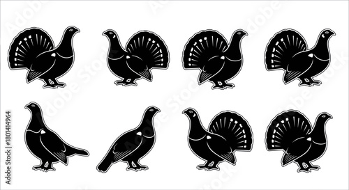 Eight black grouse silhouettes arranged on a white background.