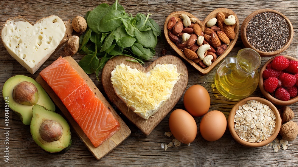 Fototapeta premium culpable. Assortment of heart-healthy foods arranged on a vintage wooden surface, nutritional concept with warm tones. menu design.