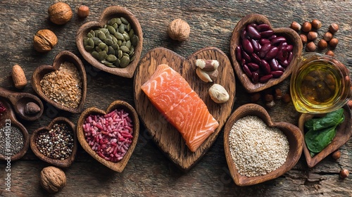 culpable. Assortment of heart-healthy foods arranged on a vintage wooden surface, nutritional concept with warm tones. menu design.