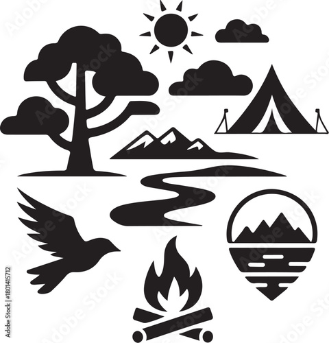 Explore nature camping icons under shining sun