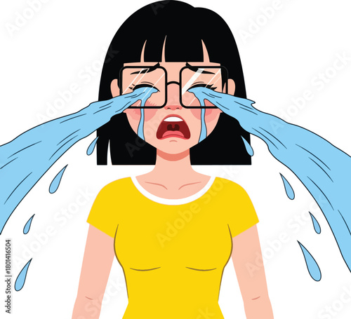 Crying girl with glasses, tears streaming