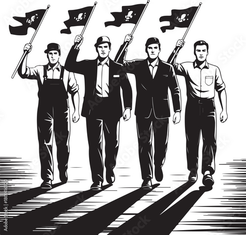 Workers marching forward together with flags held high