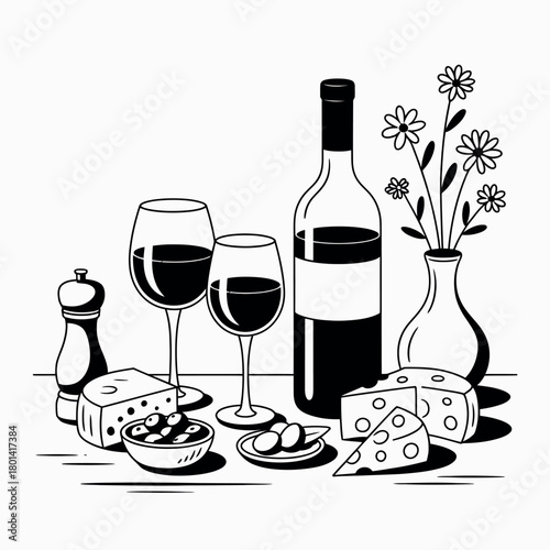 Still life of wine cheese and flowers in a sketch style