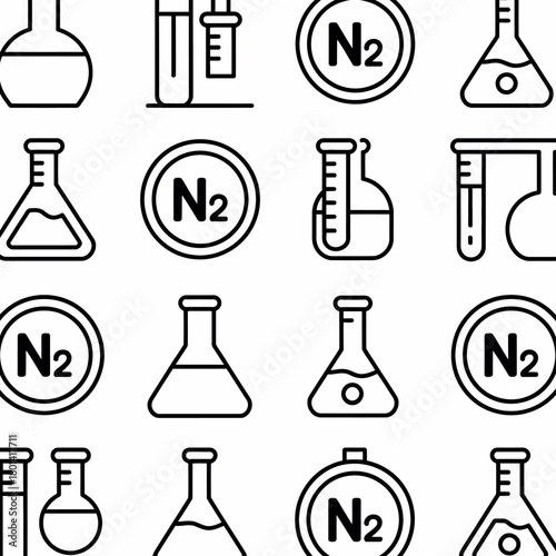 Set of hand drawn laboratory equipment and nitrogen symbols