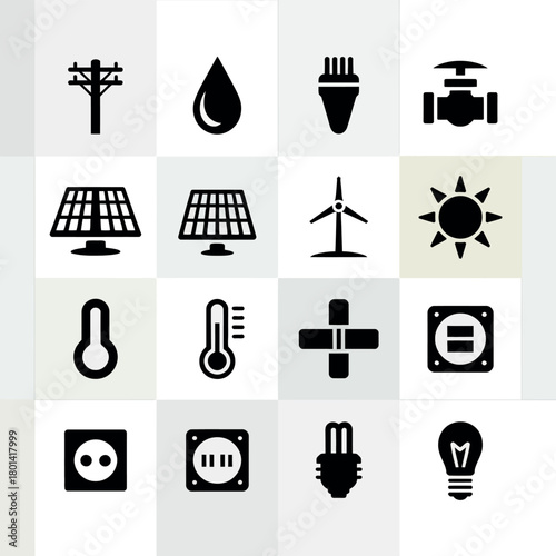 Collection of icons representing renewable energy and utilities