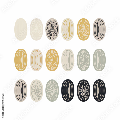 Collection of oval shaped natural stones and minerals with varied textures and colors